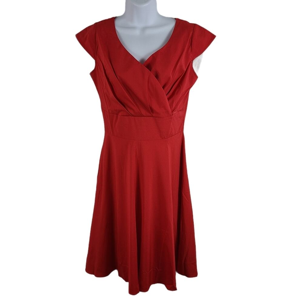 Sucrefas NEW Tea Length Fit Flare Dress  Surplice Vneck Cap Sleeve Red Medium